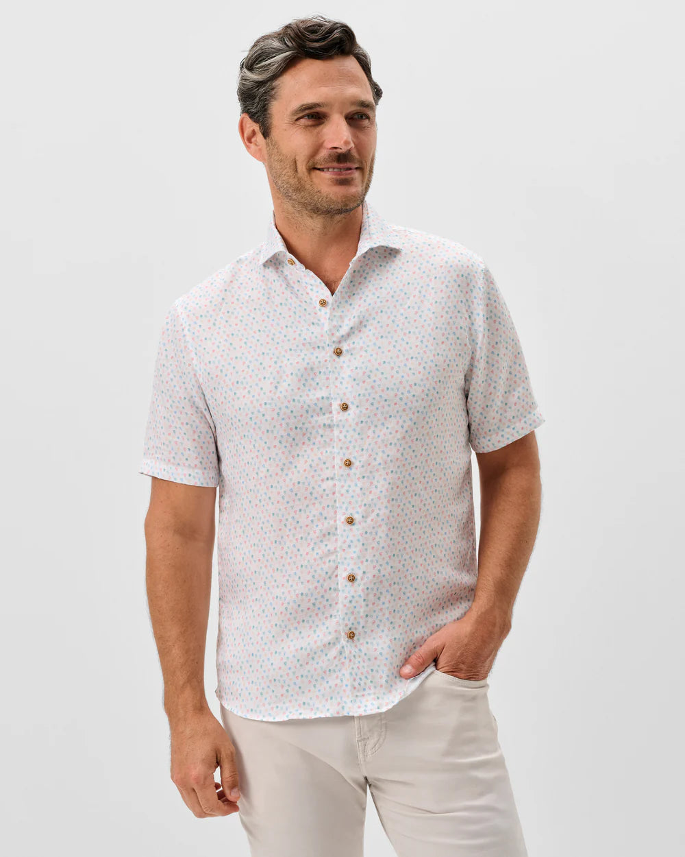 Johnnie-O Linen Blend Short Sleeve Button Down Shirt - Cash Bar Print: White