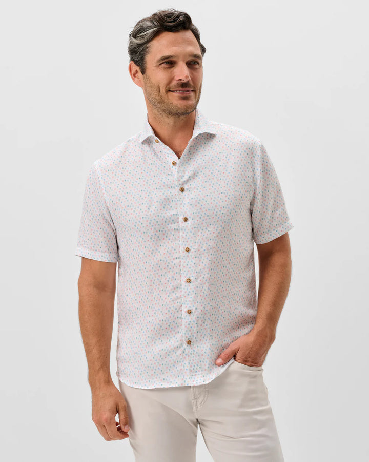 Johnnie-O Linen Blend Short Sleeve Button Down Shirt - Cash Bar Print: White