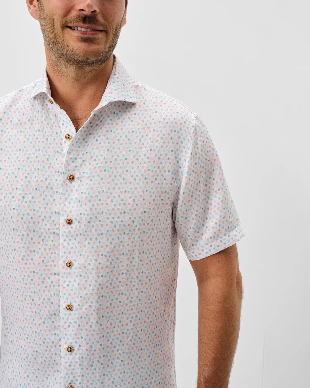 Johnnie-O Linen Blend Short Sleeve Button Down Shirt - Cash Bar Print: White
