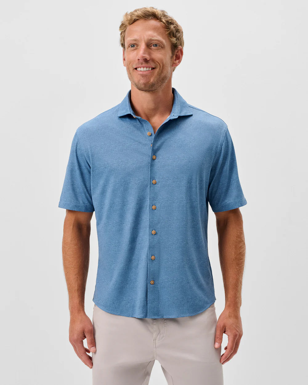 Johnnie-O Printed Mesh Short Sleeve Button Down Shirt - Breck Printed Solid Knit: Sound Side
