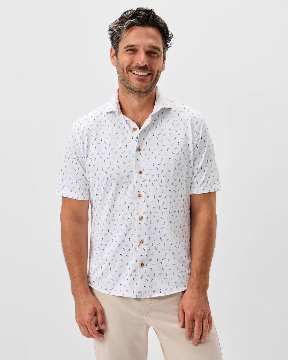 Johnnie-O Printed Mesh Short Sleeve Button Down Shirt - Shortboard Print: White