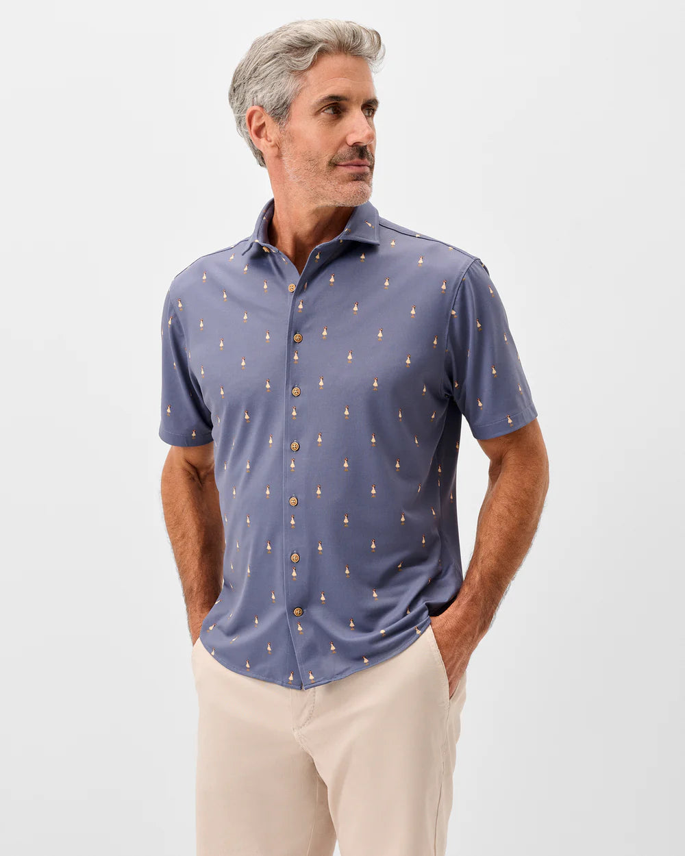 Johnnie-O Printed Mesh Short Sleeve Button Down Shirt - Hula Dance Print: Navy