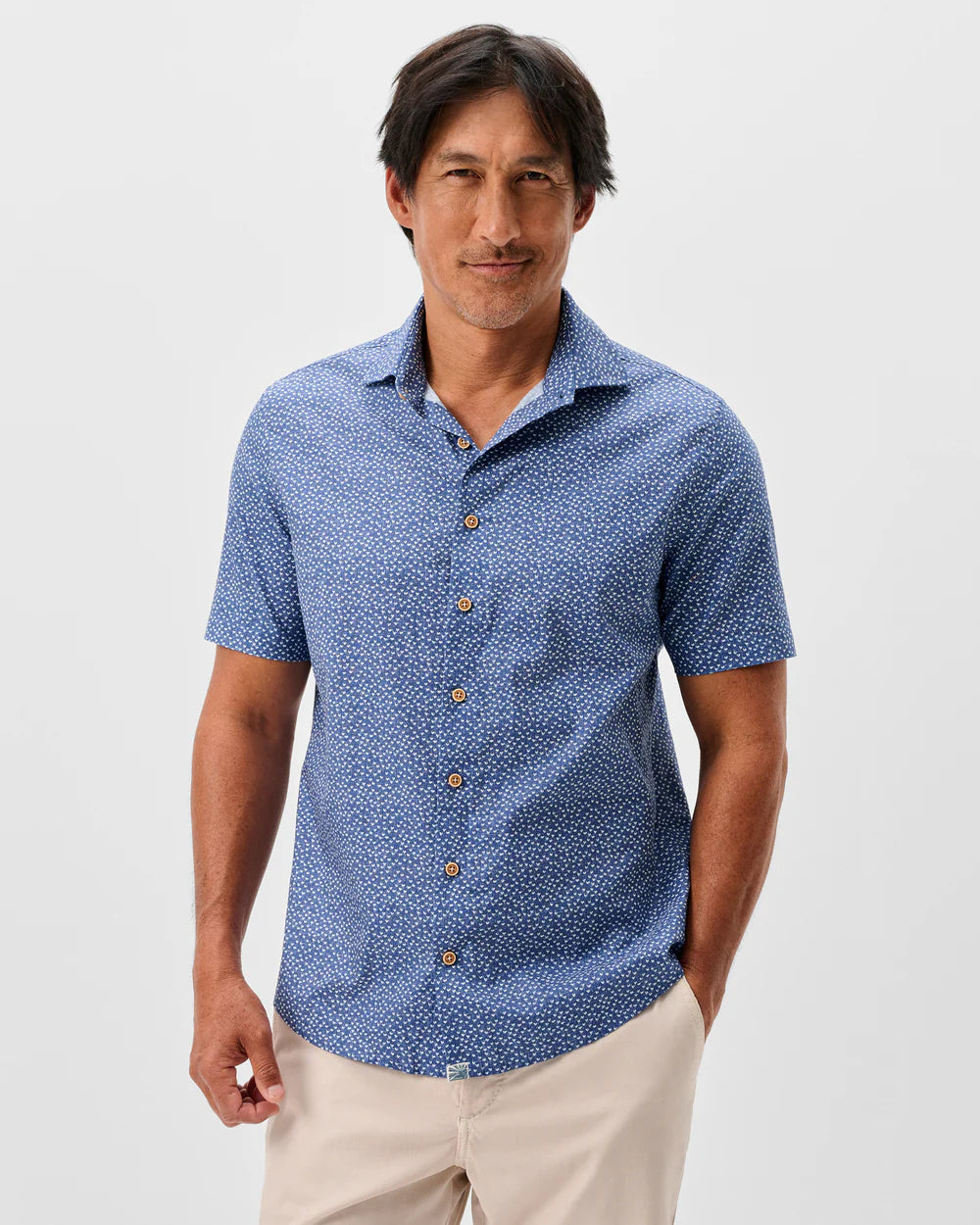 Johnnie-O Cotton Blend Short Sleeve Button Down Shirt - Patel Printed Slub Cotton: Navy