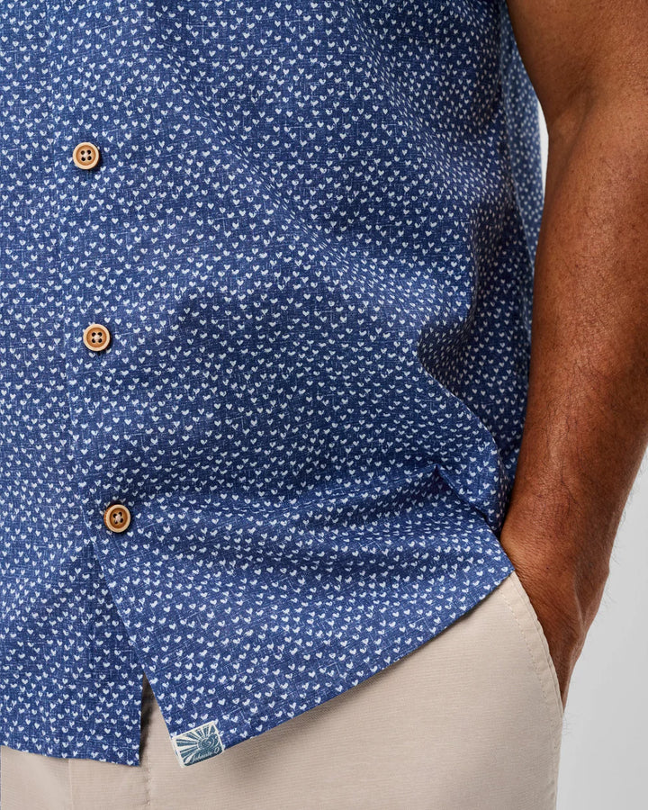 Johnnie-O Cotton Blend Short Sleeve Button Down Shirt - Patel Printed Slub Cotton: Navy