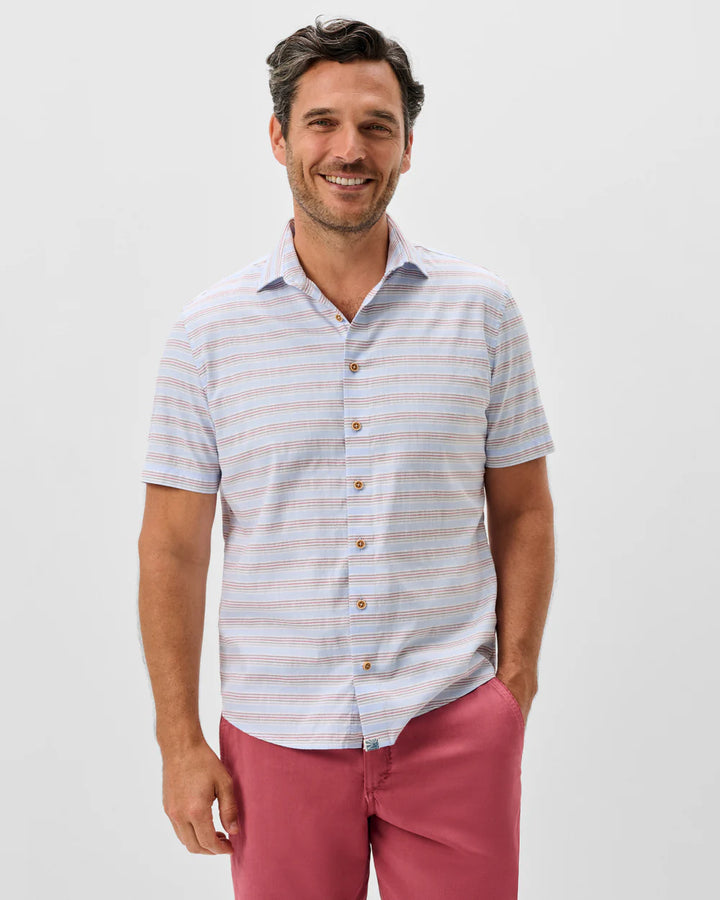 Johnnie-O Cotton Blend Short Sleeve Button Down Shirt - Leander Printed Slub Cotton: Gulf Blue