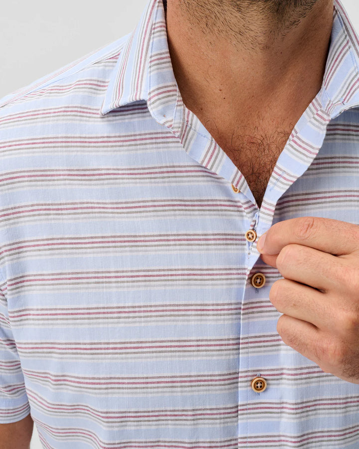 Johnnie-O Cotton Blend Short Sleeve Button Down Shirt - Leander Printed Slub Cotton: Gulf Blue