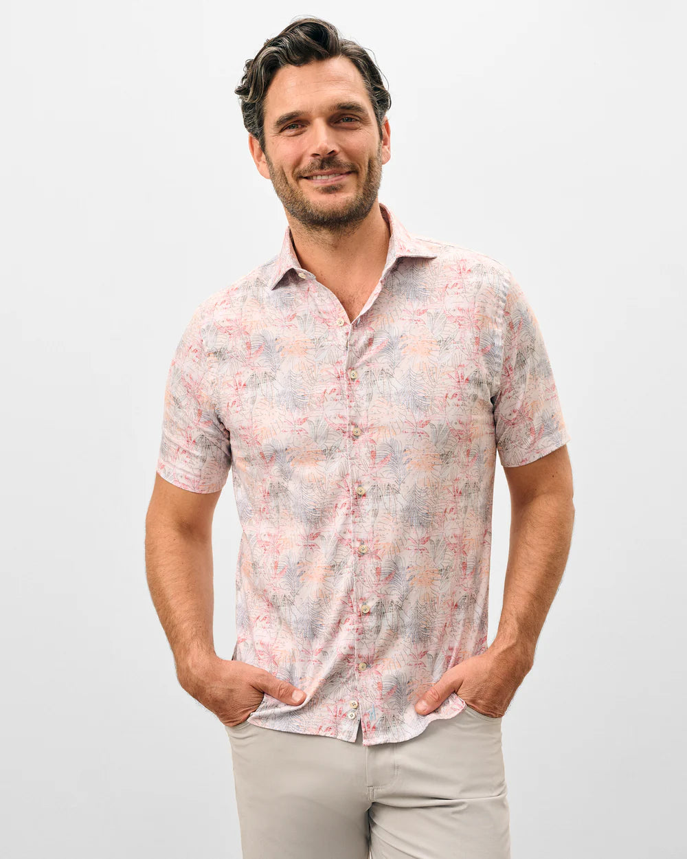 Johnnie-O Tencel Blend Short Sleeve Button Down Shirt - Guffey Printed: Khaki