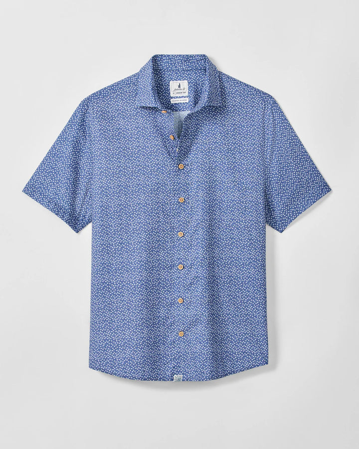 Johnnie-O Cotton Blend Short Sleeve Button Down Shirt - Patel Printed Slub Cotton: Navy