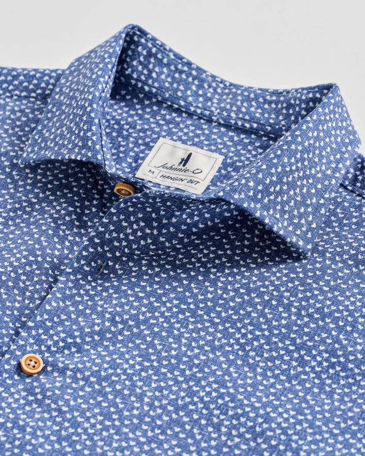 Johnnie-O Cotton Blend Short Sleeve Button Down Shirt - Patel Printed Slub Cotton: Navy