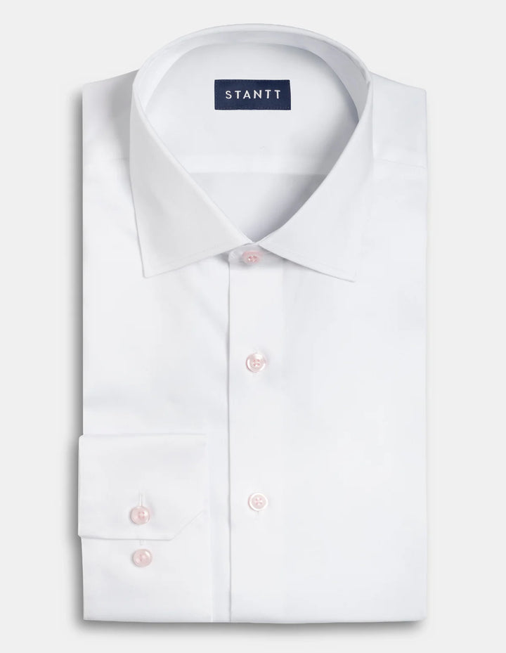 Stantt Ready To Wear White Twill Dress Shirt: Modified Spread Collar w/ Pink Button