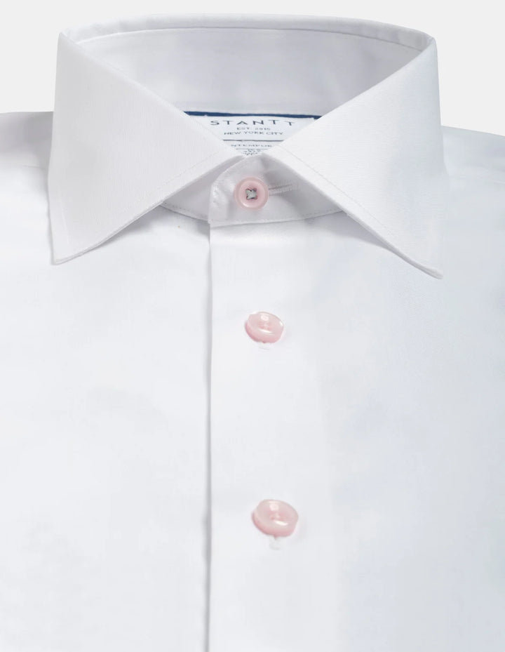 Stantt Ready To Wear White Twill Dress Shirt: Modified Spread Collar w/ Pink Button
