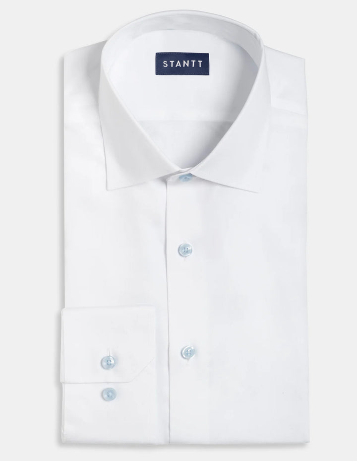 Stantt Ready To Wear White Herringbone Dress Shirt with Light Blue Button: Cutaway Spread Collar