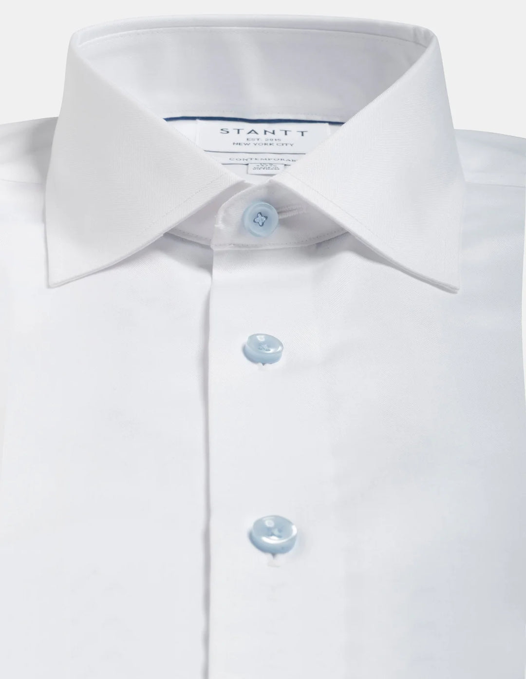 Stantt Ready To Wear White Herringbone Dress Shirt with Light Blue Button: Cutaway Spread Collar
