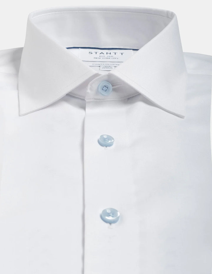 Stantt Ready To Wear White Herringbone Dress Shirt with Light Blue Button: Cutaway Spread Collar