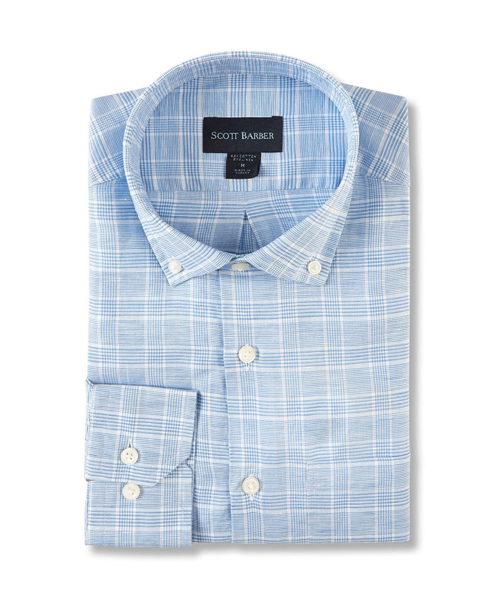 Scott Barber Cotton/Linen Glen Plaid Sport Shirt: Blue