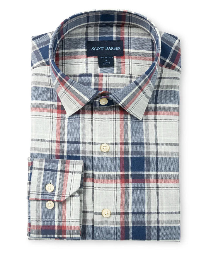 Scott Barber Herringbone Country Plaid Sport Shirt: Navy