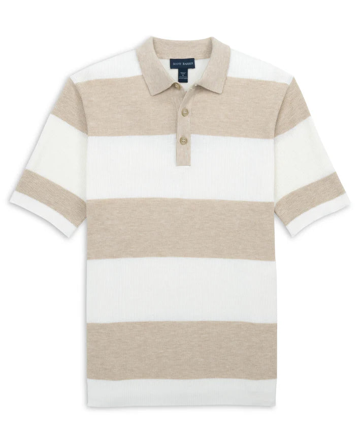 Scott Barber Fine Gauge Ribbed Stripe Polo: Flax