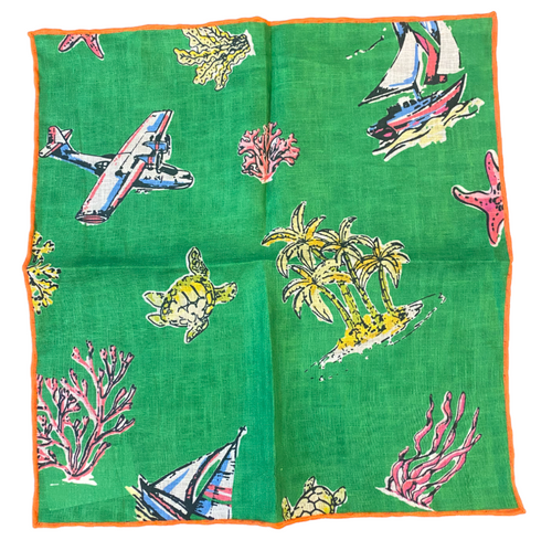 Seaward & Stearn Green Beach Print Pocket Square