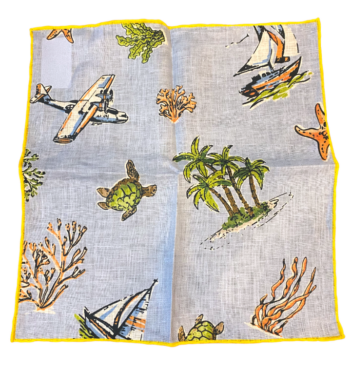 Seaward & Stearn Light Blue Beach Print Pocket Square