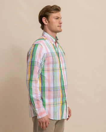 Southern Tide Springers Point Madras Plaid Long Sleeve Sport Shirt: Classic White