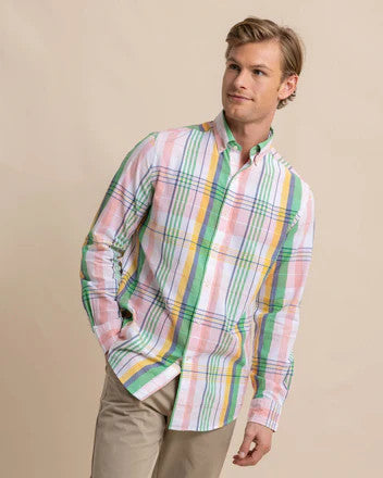 Southern Tide Springers Point Madras Plaid Long Sleeve Sport Shirt: Classic White