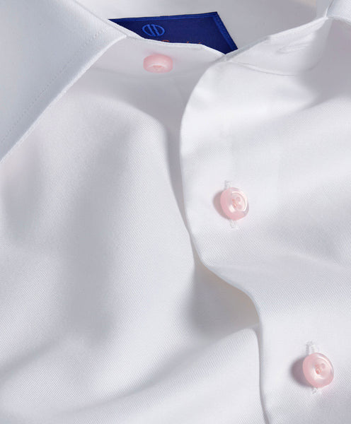 David Donahue Super Fine Twill Dress Shirt: White with Pink Button