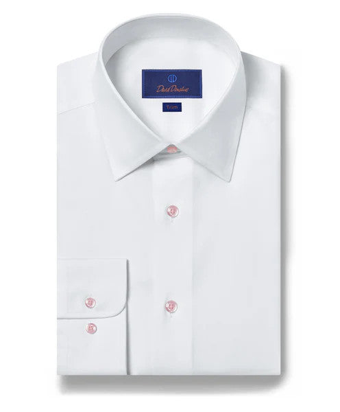 David Donahue Super Fine Twill Dress Shirt: White with Pink Button