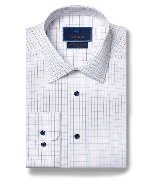 David Donahue White & Orange Tattersall Non-Iron Dress Shirt