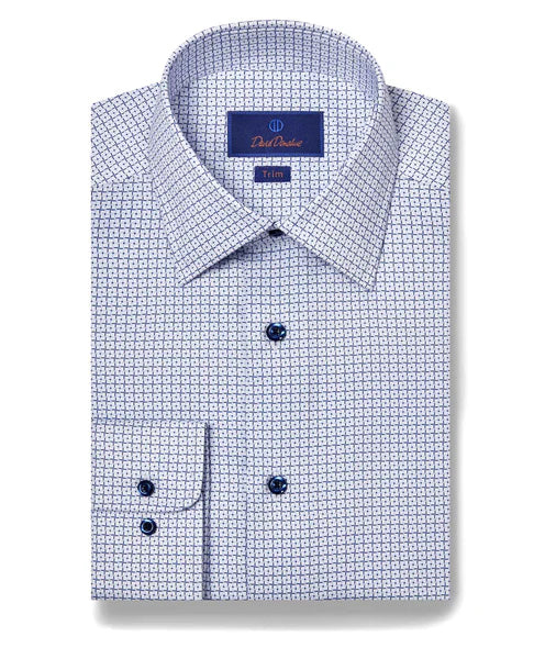 David Donahue White & Navy Geometric Trim Fit Dress Shirt