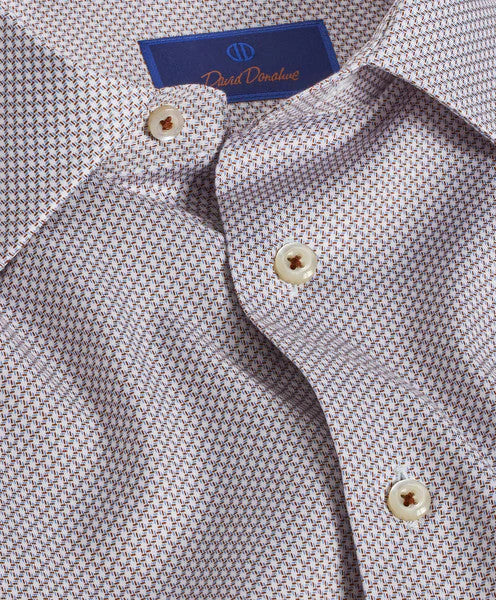 David Donahue Chocolate & Sky Micro Print Trim Fit Dress Shirt