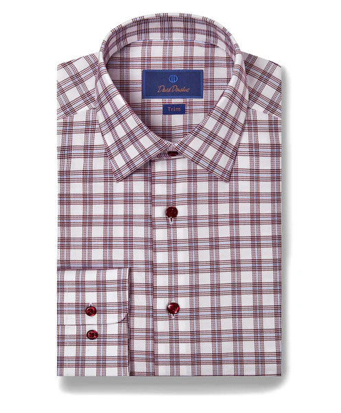 David Donahue Merlot & White Check Trim Fit Dress Shirt