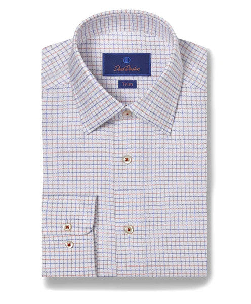 David Donahue White & Orange Dobby Check Dress Shirt: Trim Fit