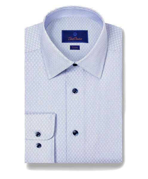 David Donahue Trim Fit White & Sky Geometric Dobby Dress Shirt