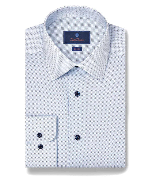 David Donahue Trim Fit White & Blue Micro Print Dress Shirt
