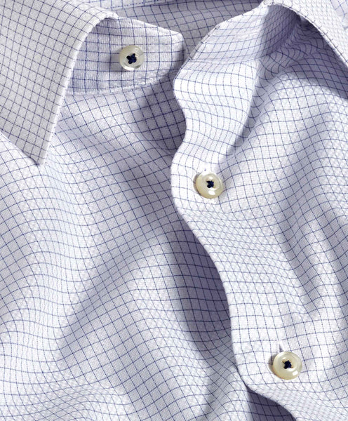 David Donahue Trim Fit White & Blue Dobby Check Dress Shirt