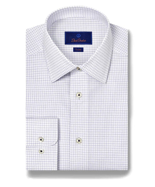 David Donahue Trim Fit White & Blue Dobby Check Dress Shirt