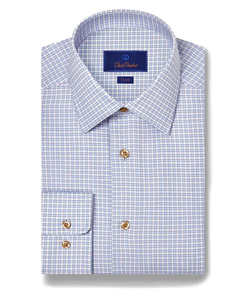 David Donahue Trim Fit Sky & Chocolate Textured Check Dress Shirt