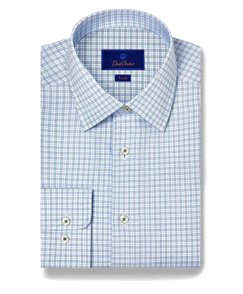 David Donahue Trim Fit Sky & Petrol Twill Check Dress Shirt