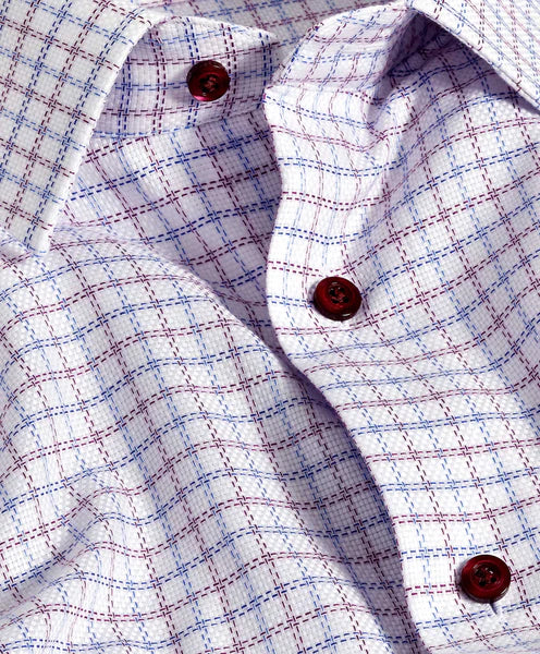 David Donahue Trim Fit Blue & Berry Textured Check Dress Shirt