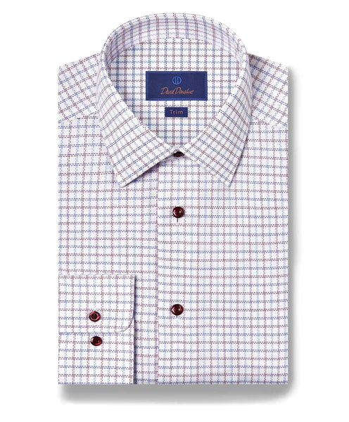 David Donahue Trim Fit Blue & Berry Textured Check Dress Shirt