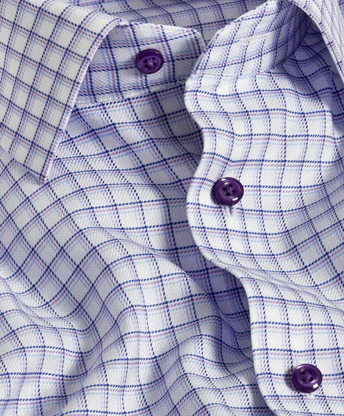 David Donahue Trim Fit White & Lilac Dobby Check Dress Shirt