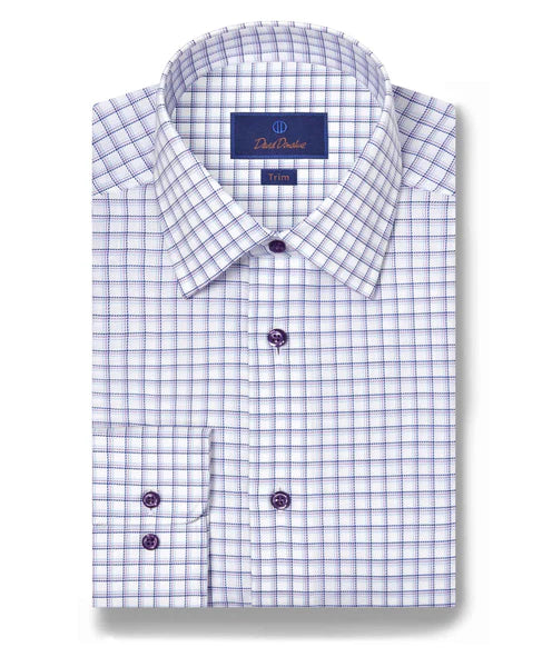 David Donahue Trim Fit White & Lilac Dobby Check Dress Shirt