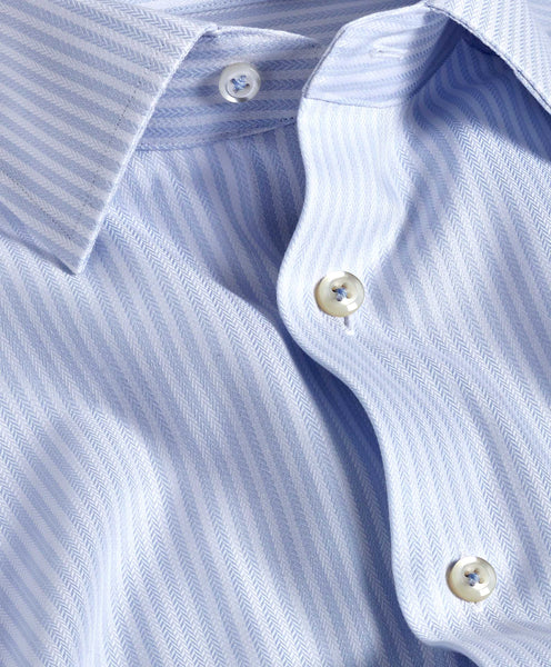 David Donahue Trim Fit White & Sky Herringbone Stripe Dress Shirt
