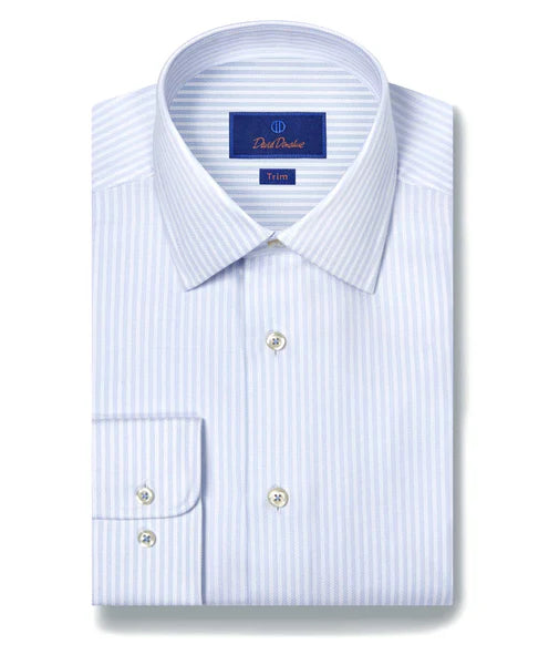David Donahue Trim Fit White & Sky Herringbone Stripe Dress Shirt