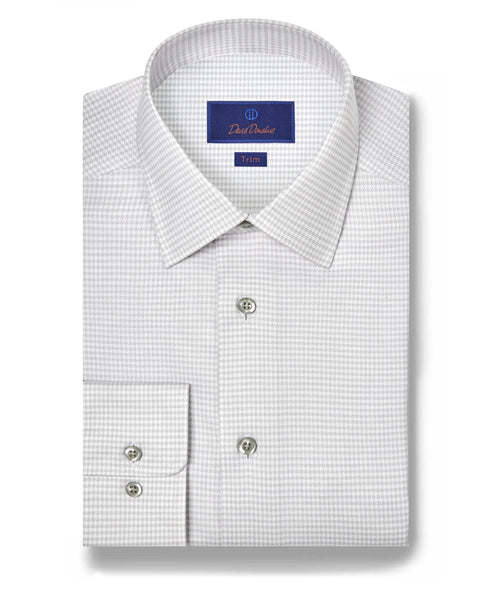David Donahue Pearl & White Twill Micro Check Stretch Dress Shirt