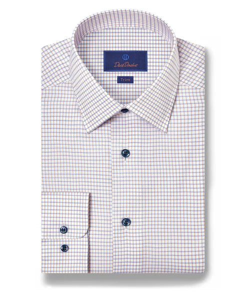 David Donahue White & Orange Dobby Check Dress Shirt