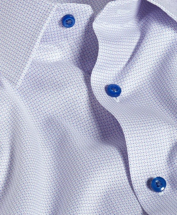 David Donahue White & Lilac Micro Geometric Print Stretch Dress Shirt