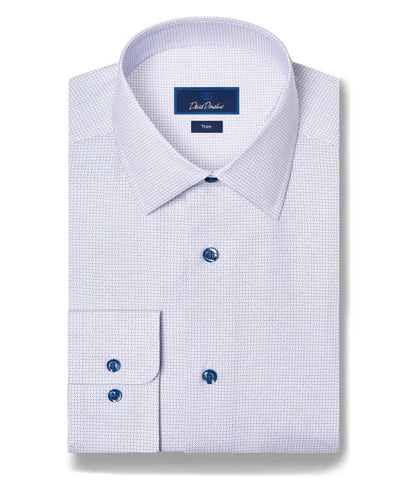 David Donahue White & Lilac Micro Geometric Print Stretch Dress Shirt