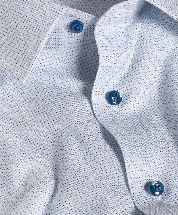 David Donahue White & Blue Micro Geometric Print Stretch Dress Shirt