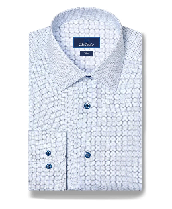 David Donahue White & Blue Micro Geometric Print Stretch Dress Shirt
